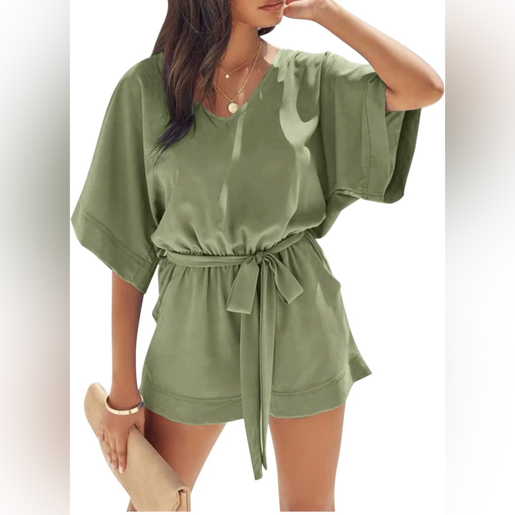 Small Womens V-Neck Jumpsuits, Short Sleeve Rompers Summer Casual Rompers